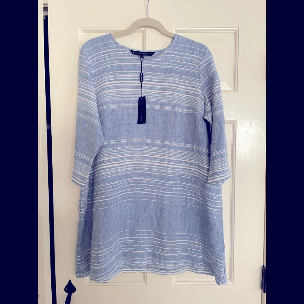 Ritva Falla Hilkka Linen Tunic Blue With White Stripe. SIZE SMALL. NWT